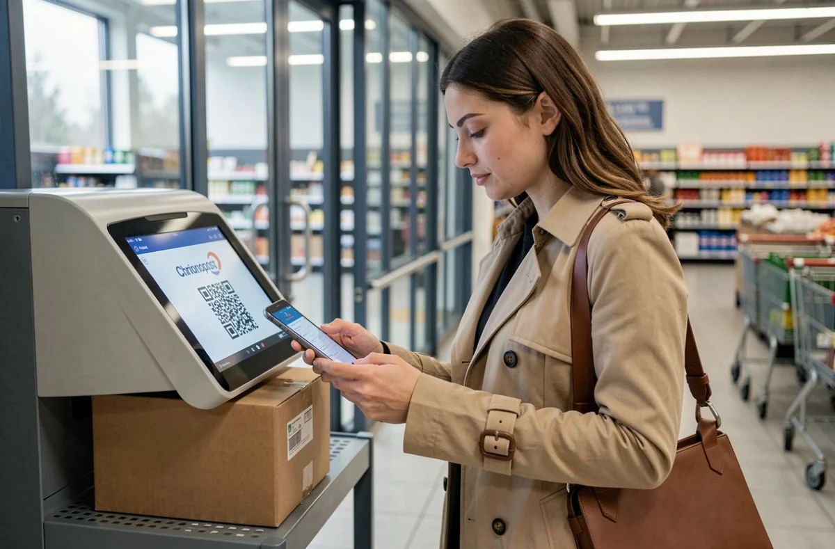 Jeune femme déposant un colis Chronopost à une borne libre-service dans un supermarché le matin