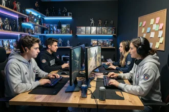 Groupe de joueurs organisés autour de leurs postes de gaming pour préparer le lancement de Battlefield 6