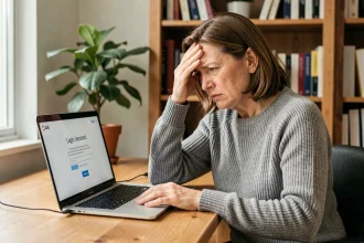 Femme frustrée face à une erreur de connexion sur son compte client EDF ENR depuis un ordinateur portable à domicile