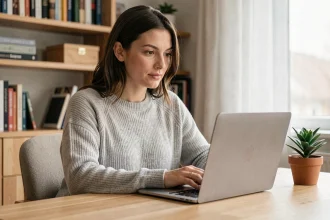 Femme utilisant un ordinateur portable pour découvrir des astuces pratiques sur ptitclic.net dans un bureau à domicile chaleureux
