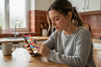 Jeune femme jouant à un jeu de mots 4 images 1 mot sur smartphone à la cuisine