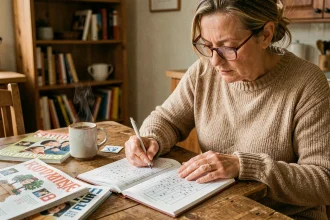 Femme remplissant une grille de mots fléchés avec un stylo à une table en bois
