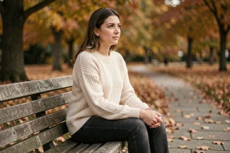 Femme seule sur un banc en automne, regard mélancolique, illustrant la douleur d'un amour impossible avec une âme sœur