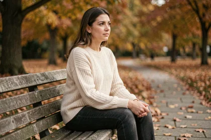 Femme seule sur un banc en automne, regard mélancolique, illustrant la douleur d'un amour impossible avec une âme sœur