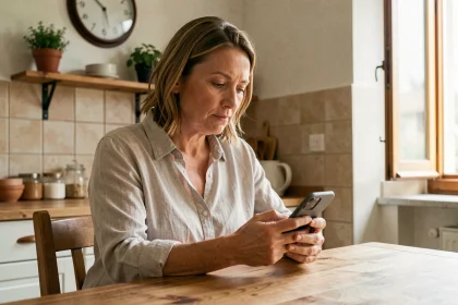 Femme vérifiant l'heure sur son smartphone avant d'appeler un proche à La Réunion