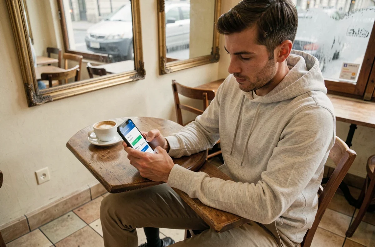 Homme recherchant les meilleurs horaires de vol Paris New York sur son smartphone dans un café parisien le matin