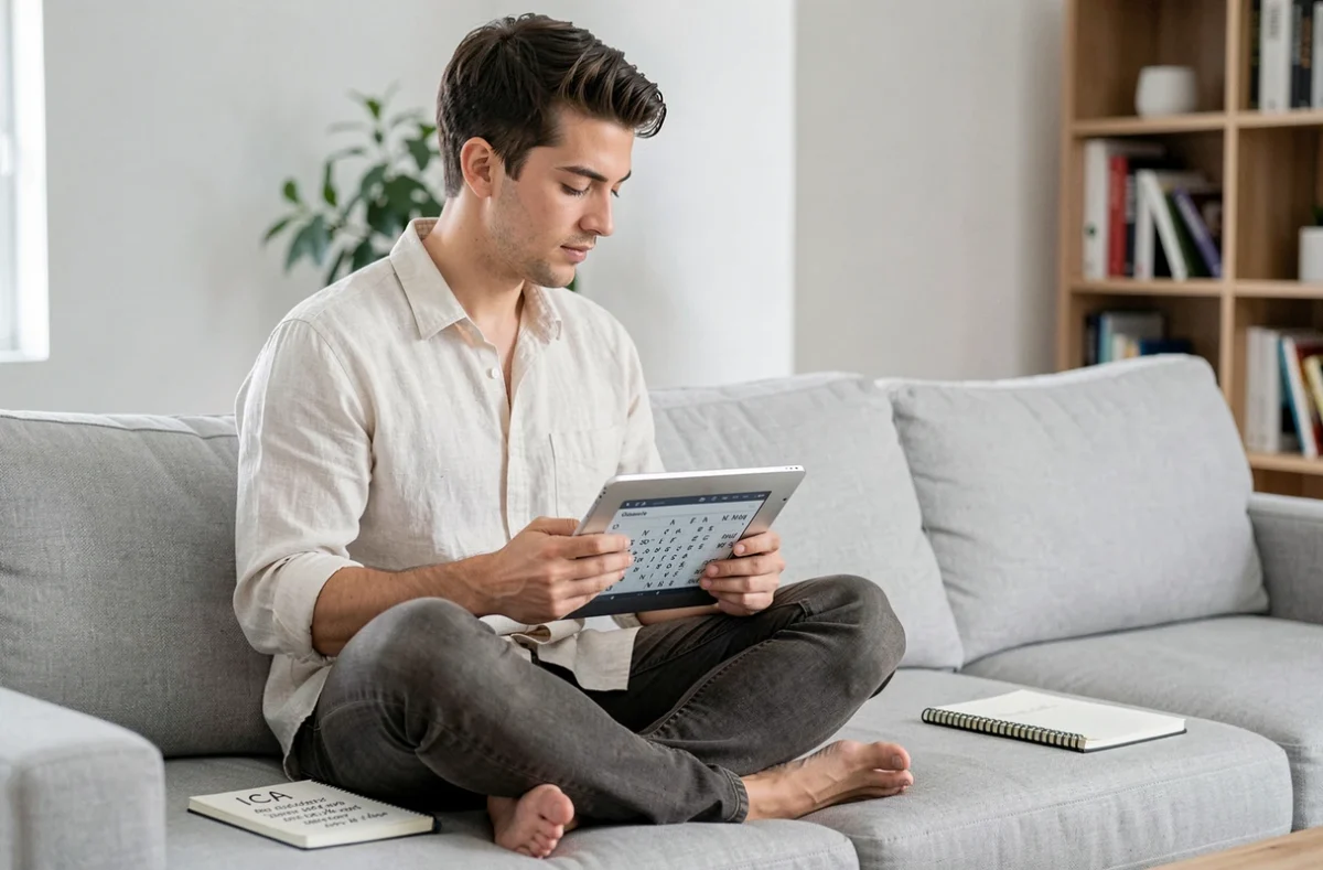 Jeune homme résolvant un mots fléchés sur tablette avec des noms de villes du Pérou notés dans un carnet