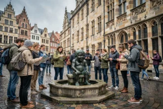 La célèbre statue du Manneken Pis à Bruxelles entourée de touristes sur les pavés mouillés, avec les façades historiques en arrière-plan