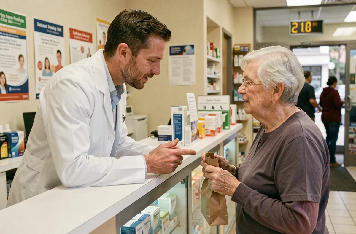 Pharmacien expliquant les instructions médicamenteuses à une patiente âgée dans une pharmacie de quartier