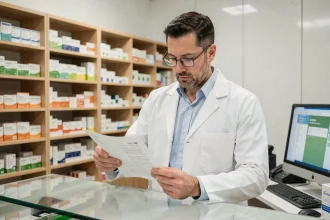 Pharmacien en blouse blanche consultant une ordonnance derrière le comptoir d'une pharmacie moderne