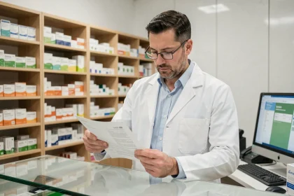Pharmacien en blouse blanche consultant une ordonnance derrière le comptoir d'une pharmacie moderne