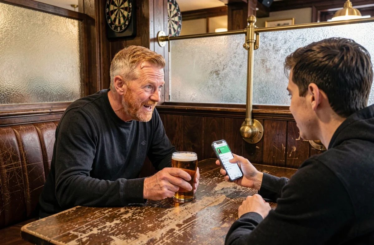 Deux hommes dans un pub britannique traditionnel discutant d'une chanson oubliée grâce à une application d'identification musicale sur smartphone
