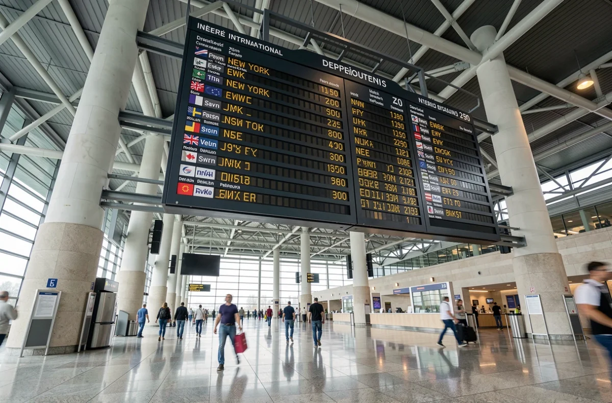 Tableau des départs d'un aéroport international français affichant les vols vers New York avec différents créneaux horaires