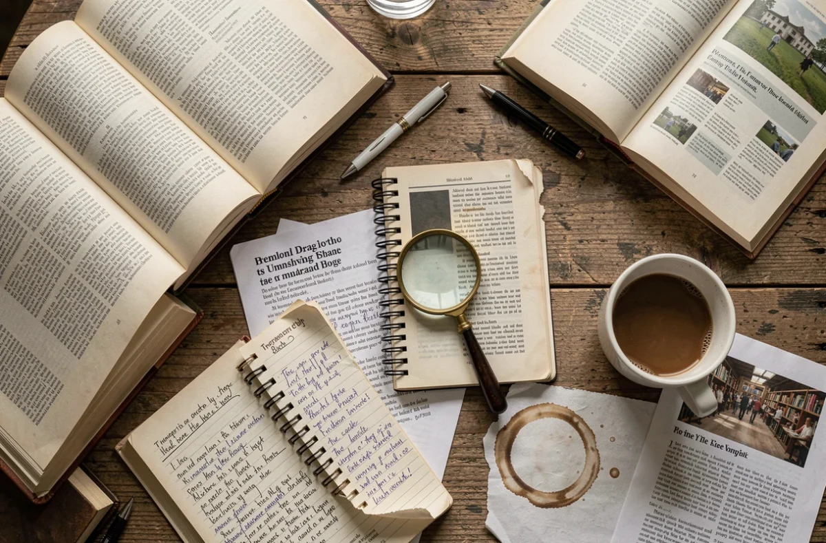 Vue aérienne d'une table encombrée de livres annotés, d'imprimés de blog et d'un carnet de notes manuscrites illustrant la recherche documentaire autour des théories alternatives