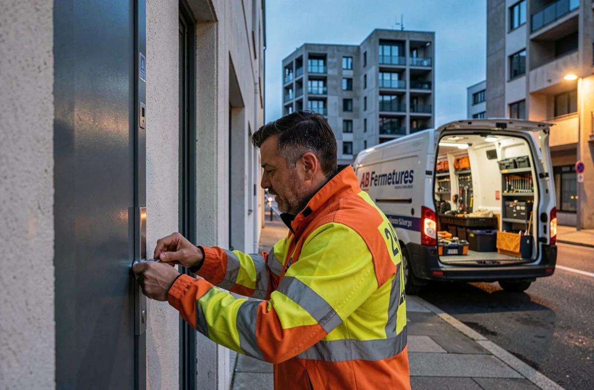 Serrurier AB Fermetures Le Havre 24H/24 en intervention urgente sur une porte sécurisée d'un immeuble moderne