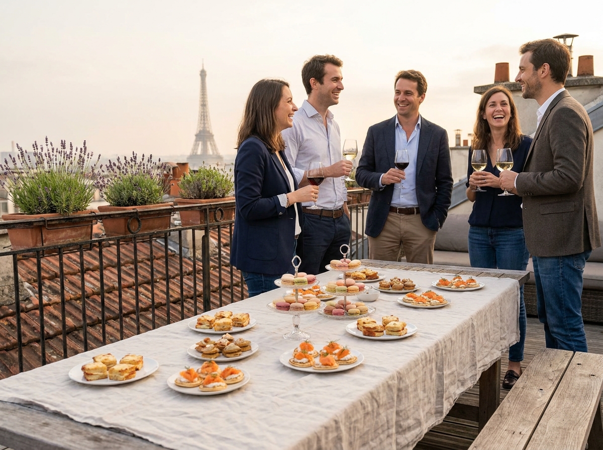 Afterwork professionnel sur rooftop parisien avec petits fours et blinis, vue sur la Tour Eiffel en arrière-plan
