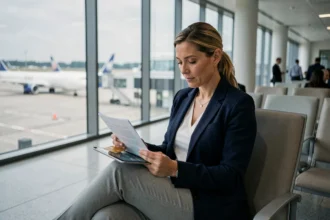 Femme en blazer marine consultant ses documents d'assurance voyage et sa carte American Express dans un salon d'aéroport international moderne