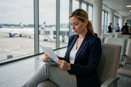 Femme en blazer marine consultant ses documents d'assurance voyage et sa carte American Express dans un salon d'aéroport international moderne