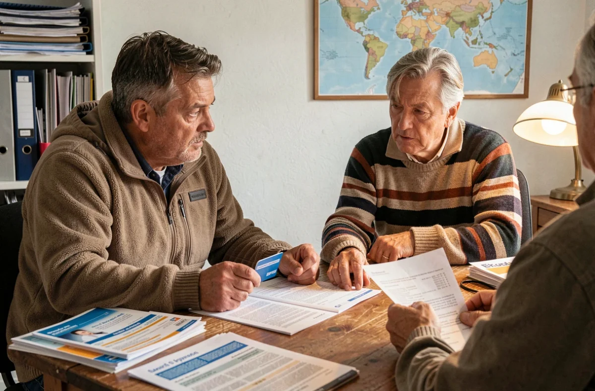 Couple de voyageurs examinant les garanties de leur assurance voyage American Express avec un conseiller, comparant la couverture proposée face aux besoins réels à l'étranger