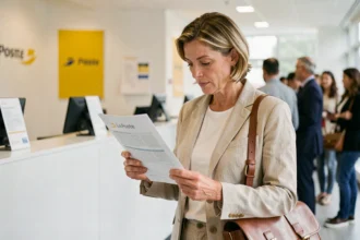 Femme consultant son contrat d'assurance voyage La Poste dans un bureau de poste moderne