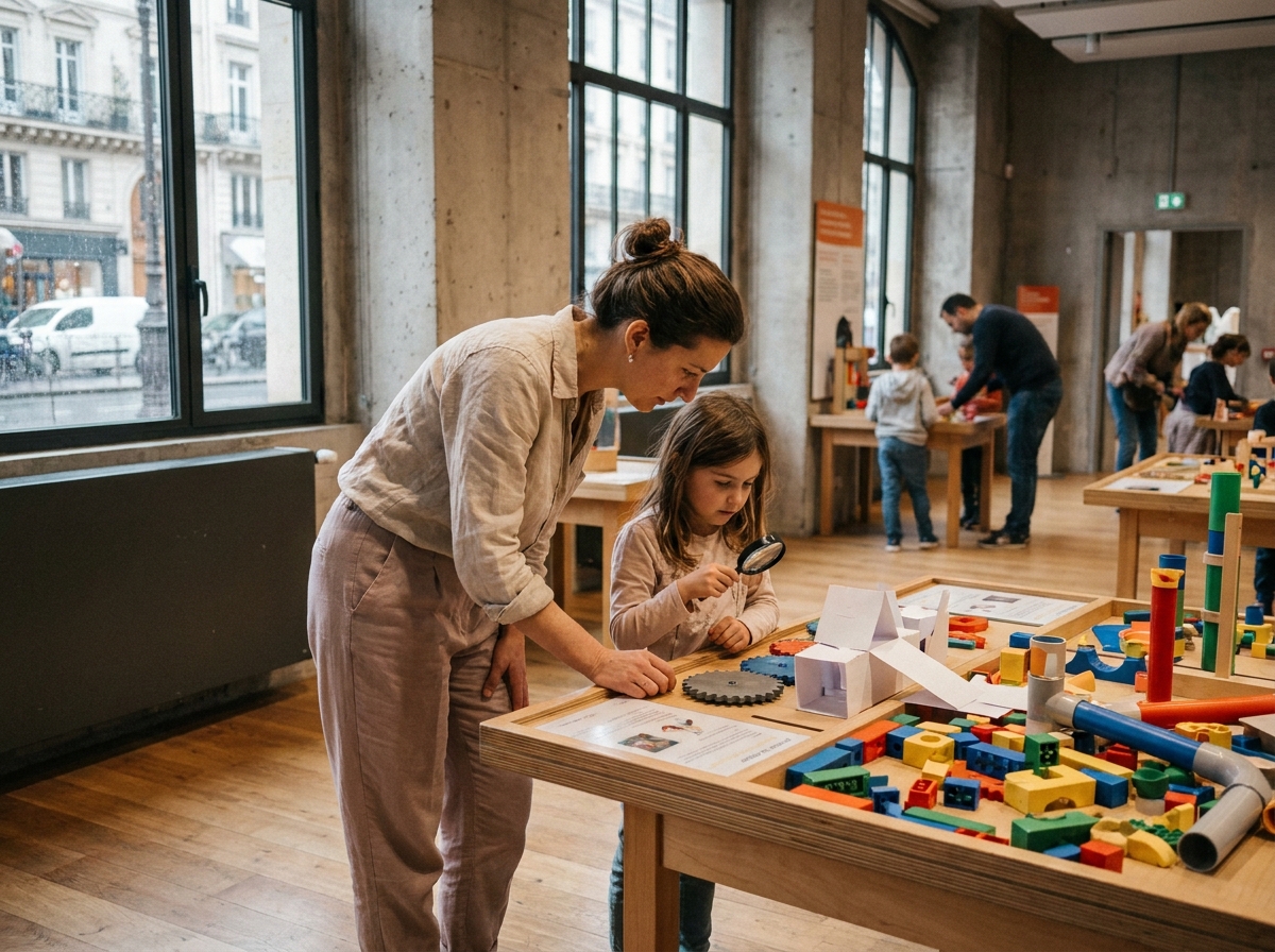 Une mère et sa fille participant à un atelier créatif dans un musée parisien pour enfants pendant les vacances scolaires