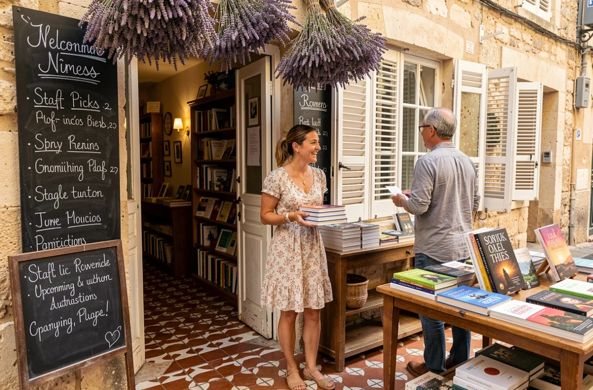 La librairie Aux Lettres de Mon Moulin à Nîmes avec son ambiance provençale et ses tables de sélection chaleureuses