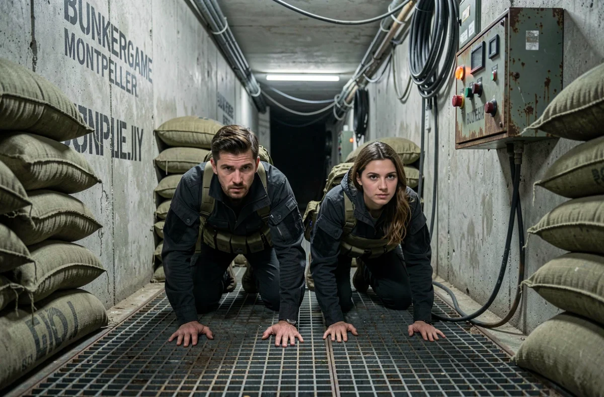 Deux joueurs progressant dans un couloir de bunker militaire chez Bunkergame Montpellier, décor souterrain en béton brut