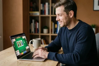 Homme jouant à un jeu de cartes en ligne sur ordinateur portable depuis son bureau à domicile