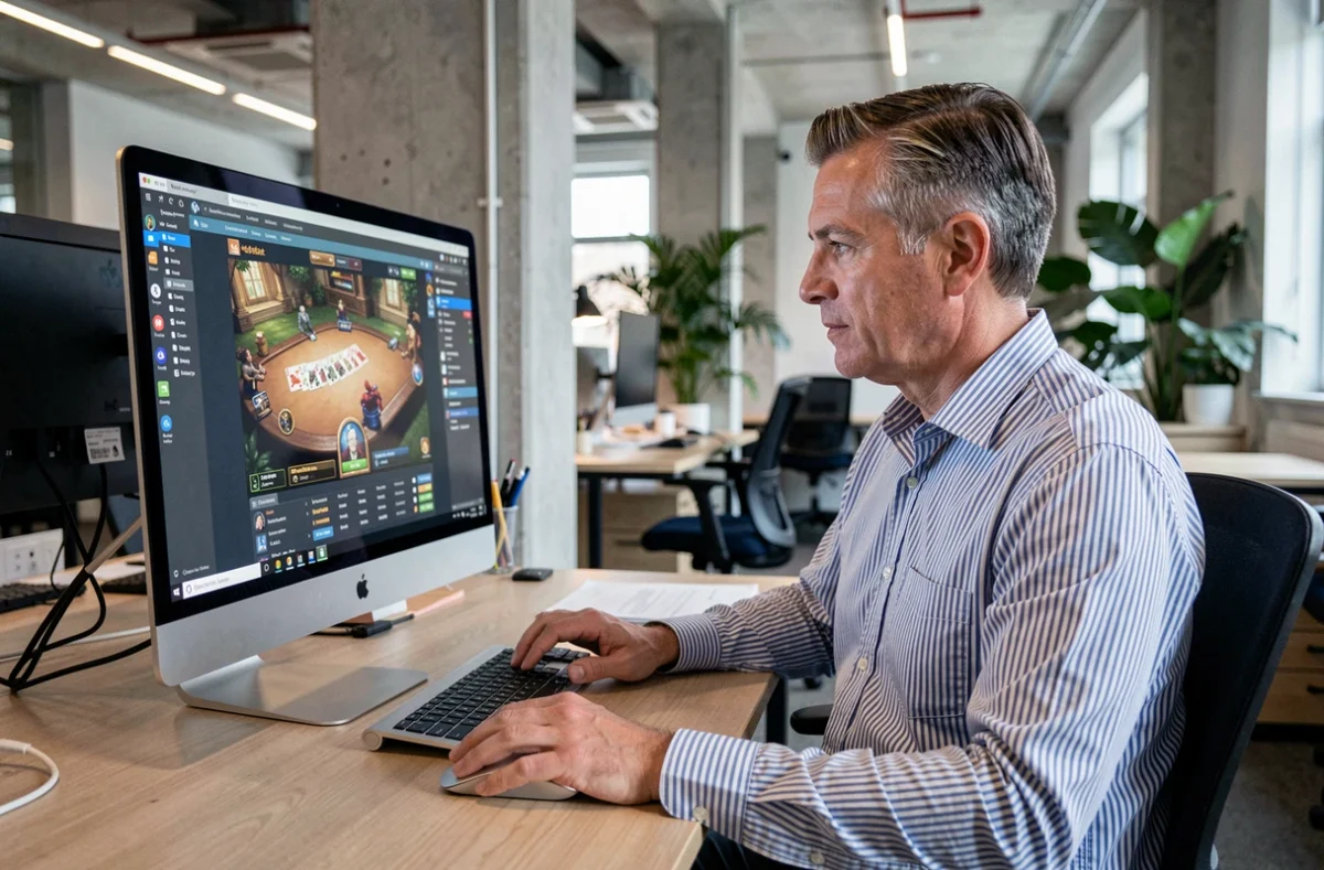 Homme accédant à une plateforme de jeu de cartes en ligne sur ordinateur de bureau dans un espace de coworking