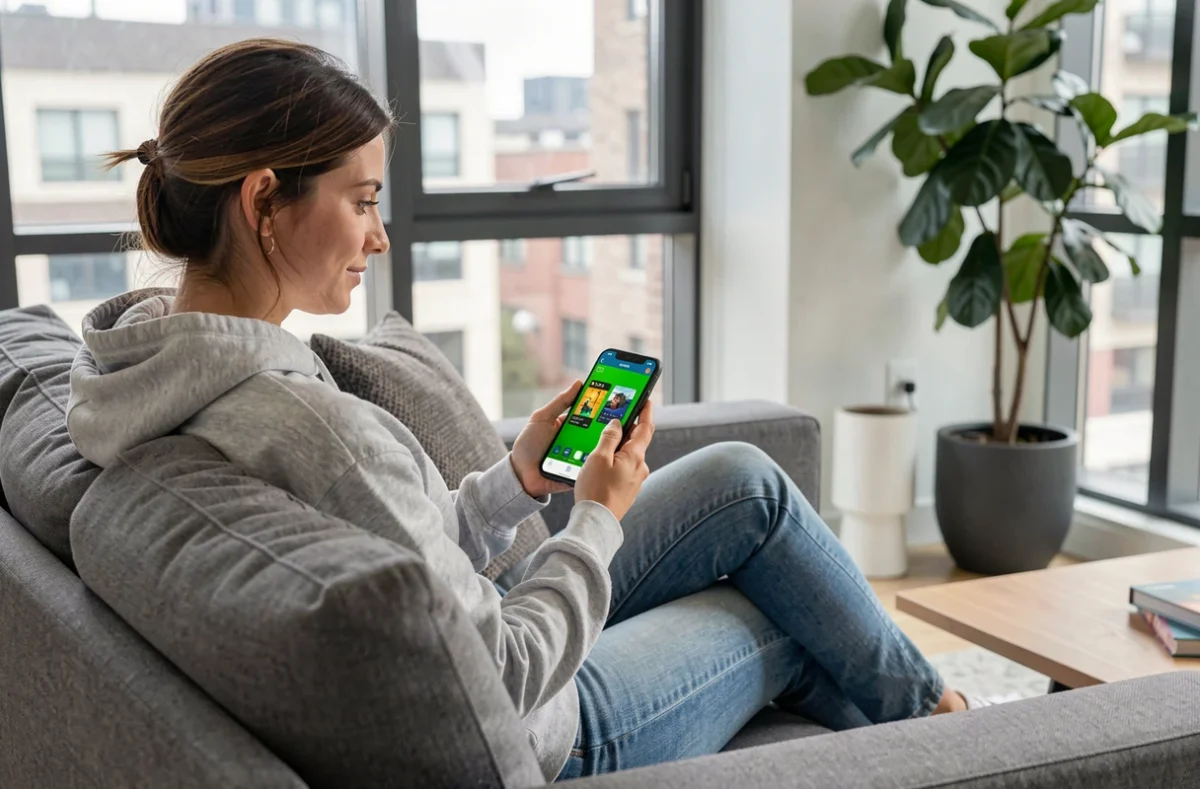 Femme jouant à un jeu de cartes sur smartphone depuis son canapé dans un appartement moderne