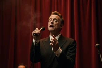 Chanteur de cabaret parisien des années 60 sur scène avec un micro vintage, atmosphère rétro et rideau de velours bordeaux