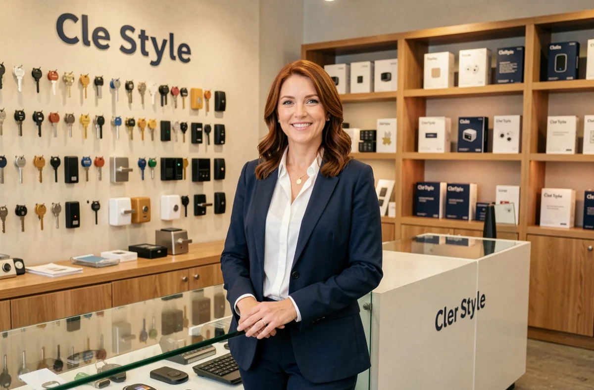 Propriétaire de la boutique Clef Style présentant sa gamme de clés et systèmes de serrures modernes