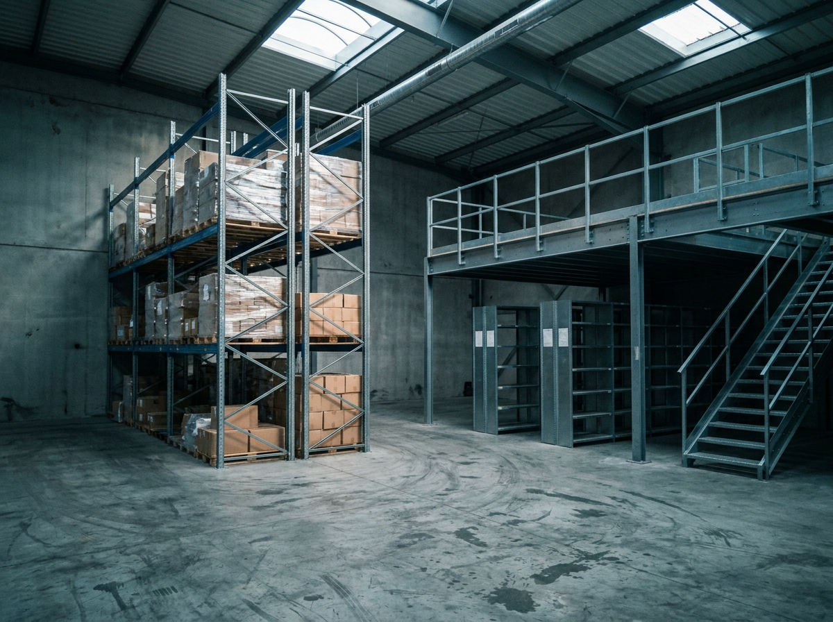 Comparaison visuelle entre un système de racks industriels et une mezzanine de stockage dans un entrepôt à Bordeaux