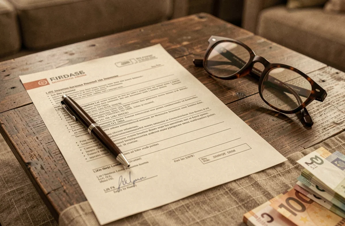 Gros plan sur un contrat d'assurance vie avec des billets en euros et un stylo sur une table en bois
