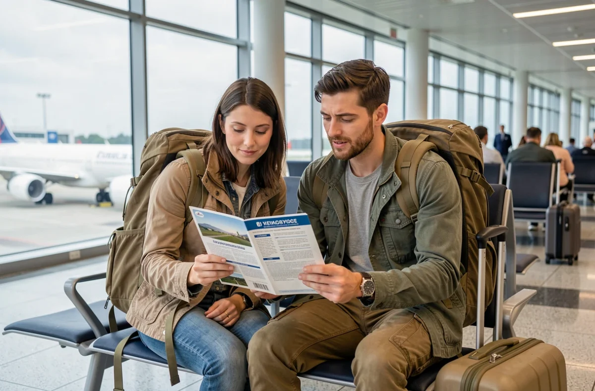 Couple de voyageurs consultant leur assurance voyage La Poste dans un aéroport avant le départ