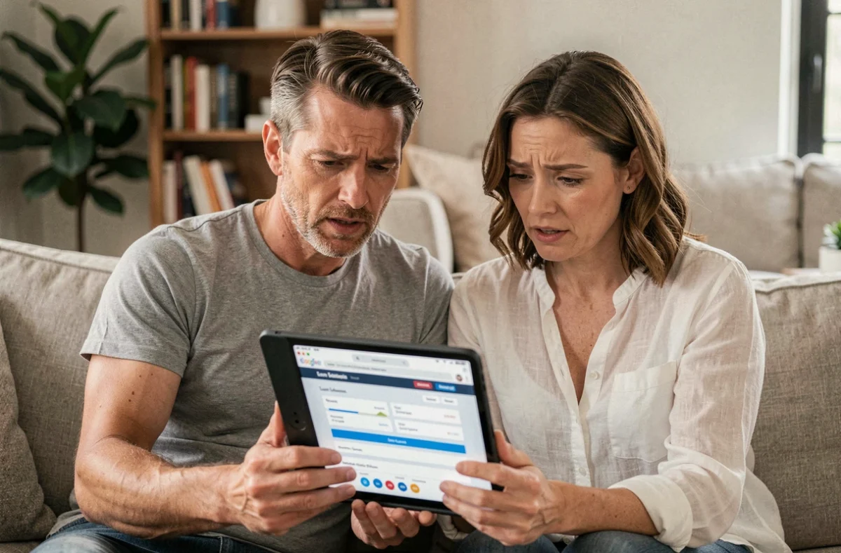 Couple comparant les offres d'assurance emprunteur pour un prêt à la consommation sur tablette