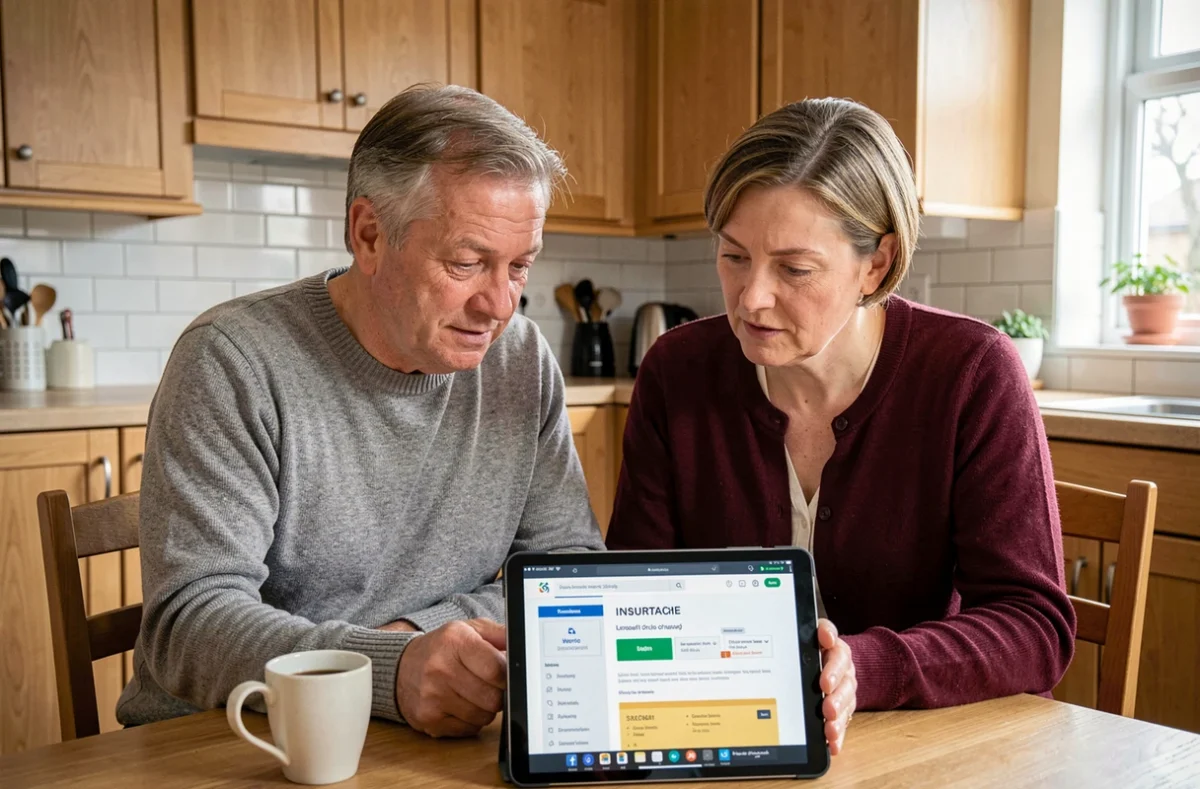 Couple comparant des offres de mutuelle santé sur une tablette dans leur cuisine