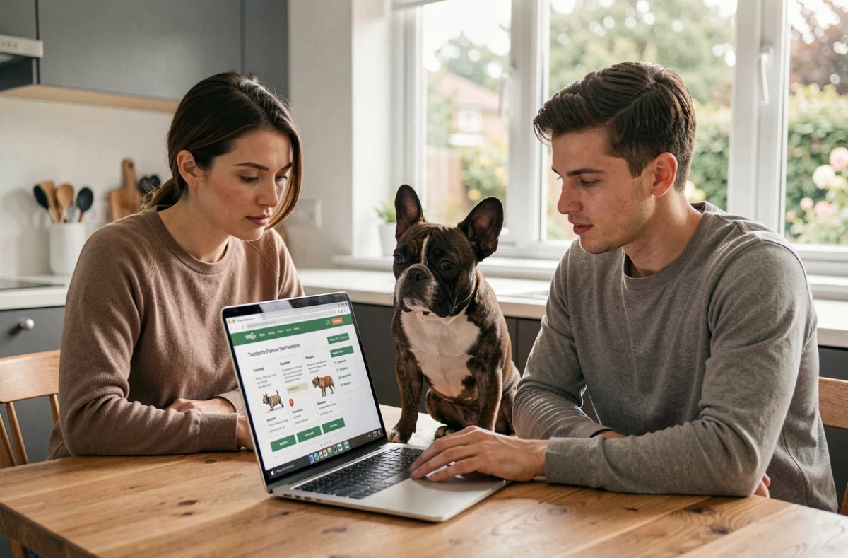 Couple comparant des offres de mutuelle pour animaux sur un ordinateur portable avec leur bouledogue français sur la table