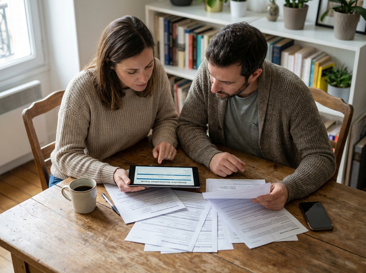 Couple gérant une déclaration de sinistre en ligne depuis leur domicile avec smartphone et tablette