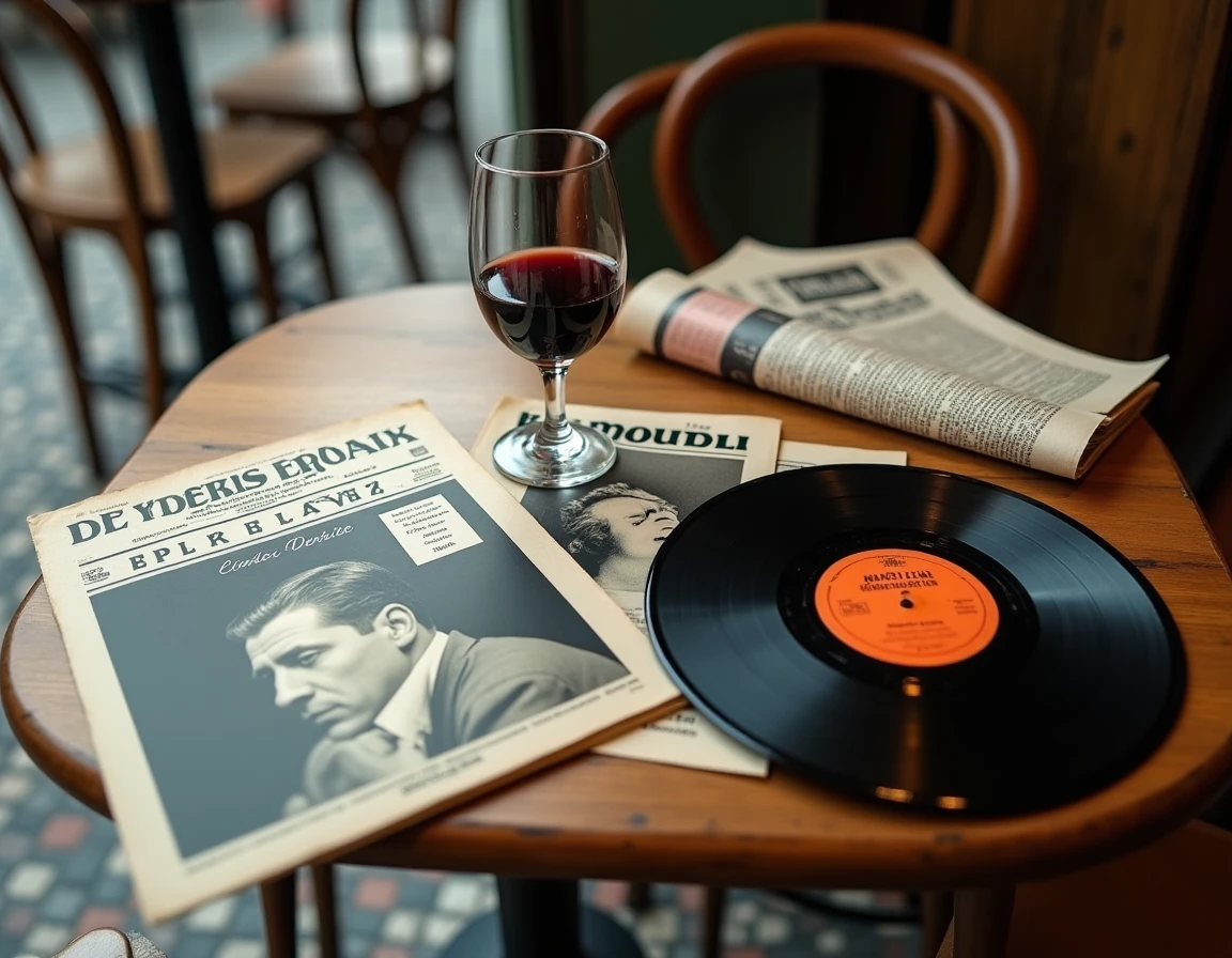 Collection de disques vinyle 45 tours et objets de la chanson française des années 60 sur une table de bistrot parisien