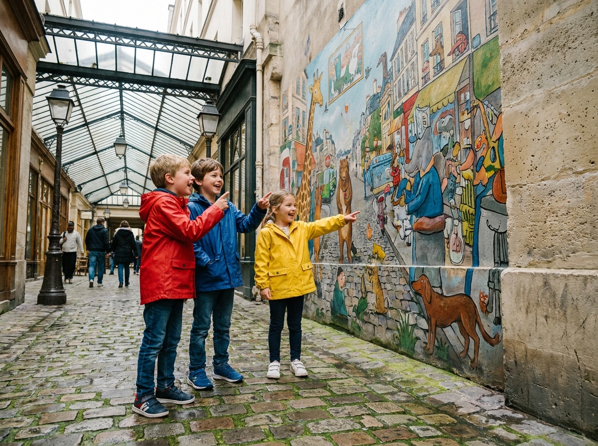 Trois enfants découvrant une fresque murale colorée dans une ruelle pavée de Paris lors d'une sortie culturelle en vacances