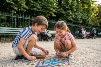 Deux enfants qui jouent à un jeu de société dans un parc parisien pendant les vacances, loin des écrans