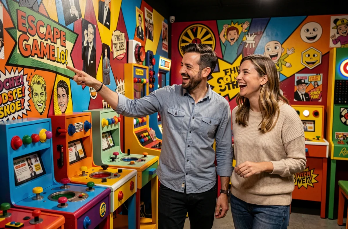 Deux joueurs amusés devant une énigme colorée dans la salle d'EscapeGame.lol Montpellier, décor pop et décalé plein d'humour