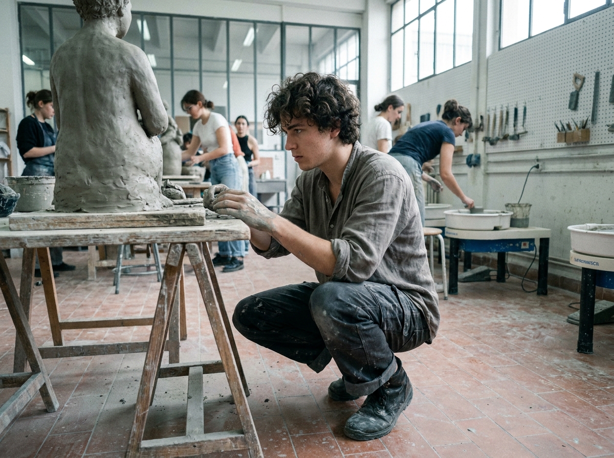 Étudiant masculin en école d'art sculptant une céramique dans un atelier professionnel en France