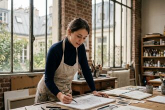Étudiante en école d'art française travaillant sur des illustrations dans un atelier aux murs en briques apparentes