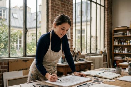 Étudiante en école d'art française travaillant sur des illustrations dans un atelier aux murs en briques apparentes