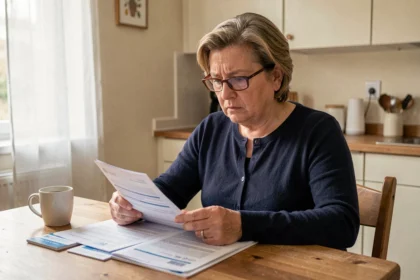 Femme d'âge moyen consultant des documents de mutuelle complémentaire à la CMU à la table de cuisine