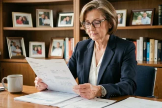 Femme d'une cinquantaine d'années consultant des documents d'assurance vie à son bureau à domicile
