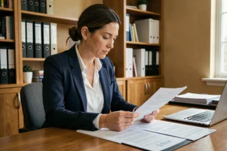 Femme consultant un dossier de mutuelle santé à son bureau à domicile