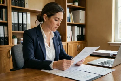 Femme consultant un dossier de mutuelle santé à son bureau à domicile